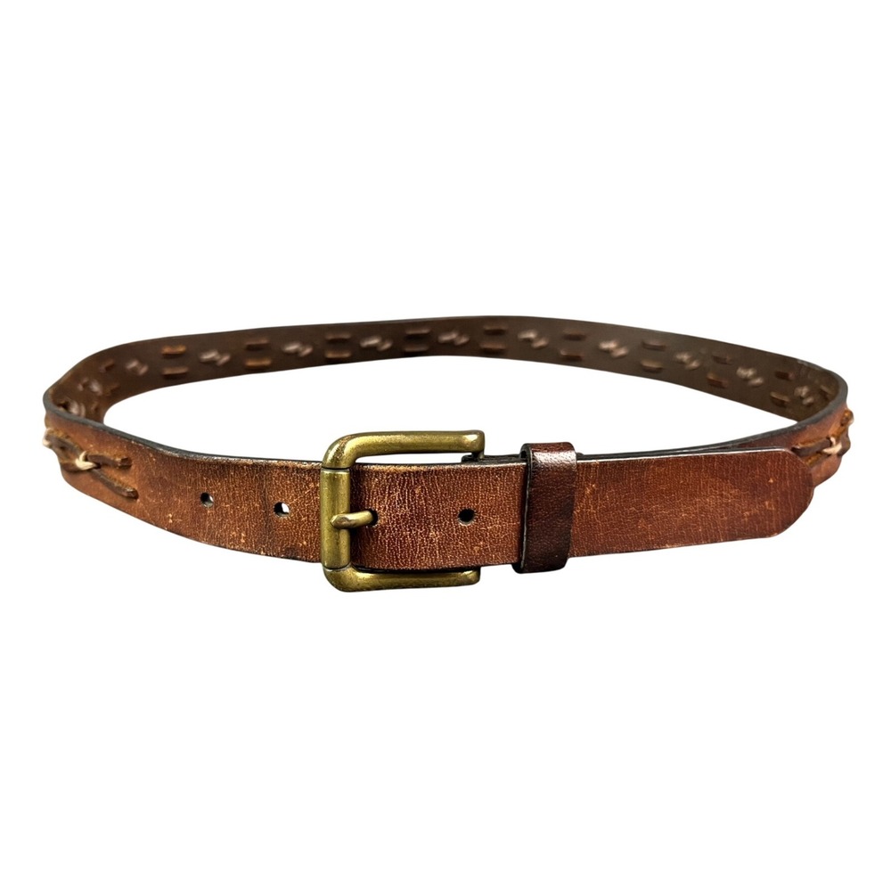 Vintage Brown Genuine Leather Whipstitch Cutout Belt Antique Brass Buckle 38